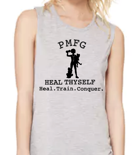 PMFG Heal Thyself Heal. Train. Conquer! (Curly Hair) - Muscle Tank