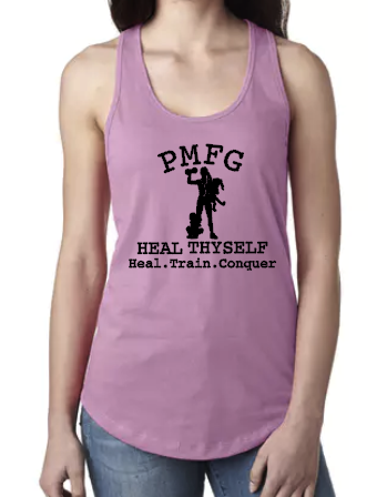 PMFG Heal Thyself Heal. Train. Conquer (Straight Hair) - Racerback Tank