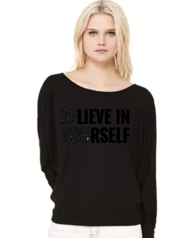 Believe in Yourself (Glitter Block)- Flowy Off Shoulder T-shirt by Bella