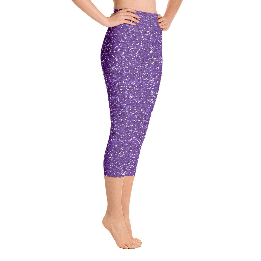 Purple Glitter High Waisted Yoga Capri Leggings