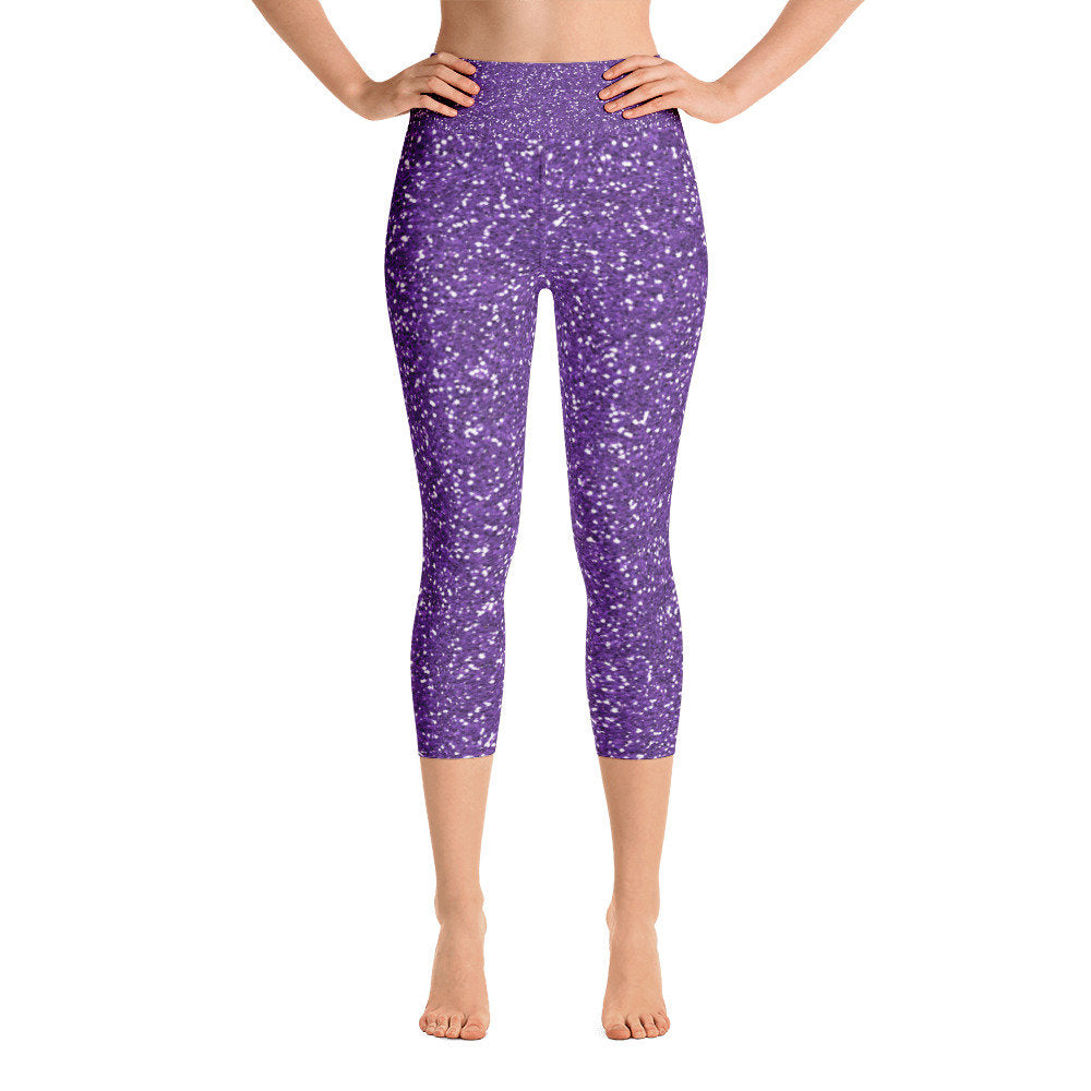 Purple Glitter High Waisted Yoga Capri Leggings